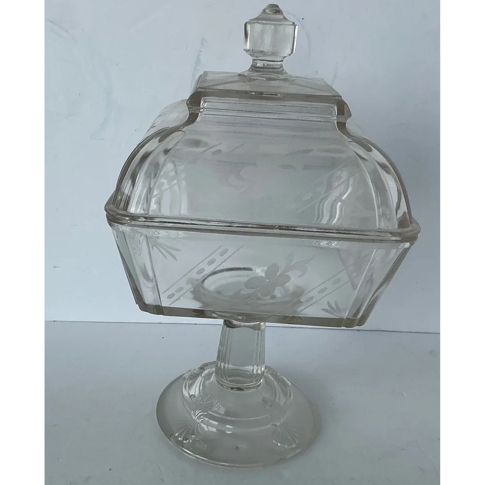 Vintage Glass Pedestal‎ Candy Dish Etched Floral Square Lidded Clear
